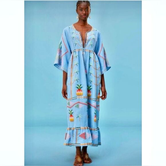 FARM Rio Dresses & Skirts - FARM Rio NWT Embroidered Pineapple Maxi Dress Beaded Tassel Linen Blue Size S